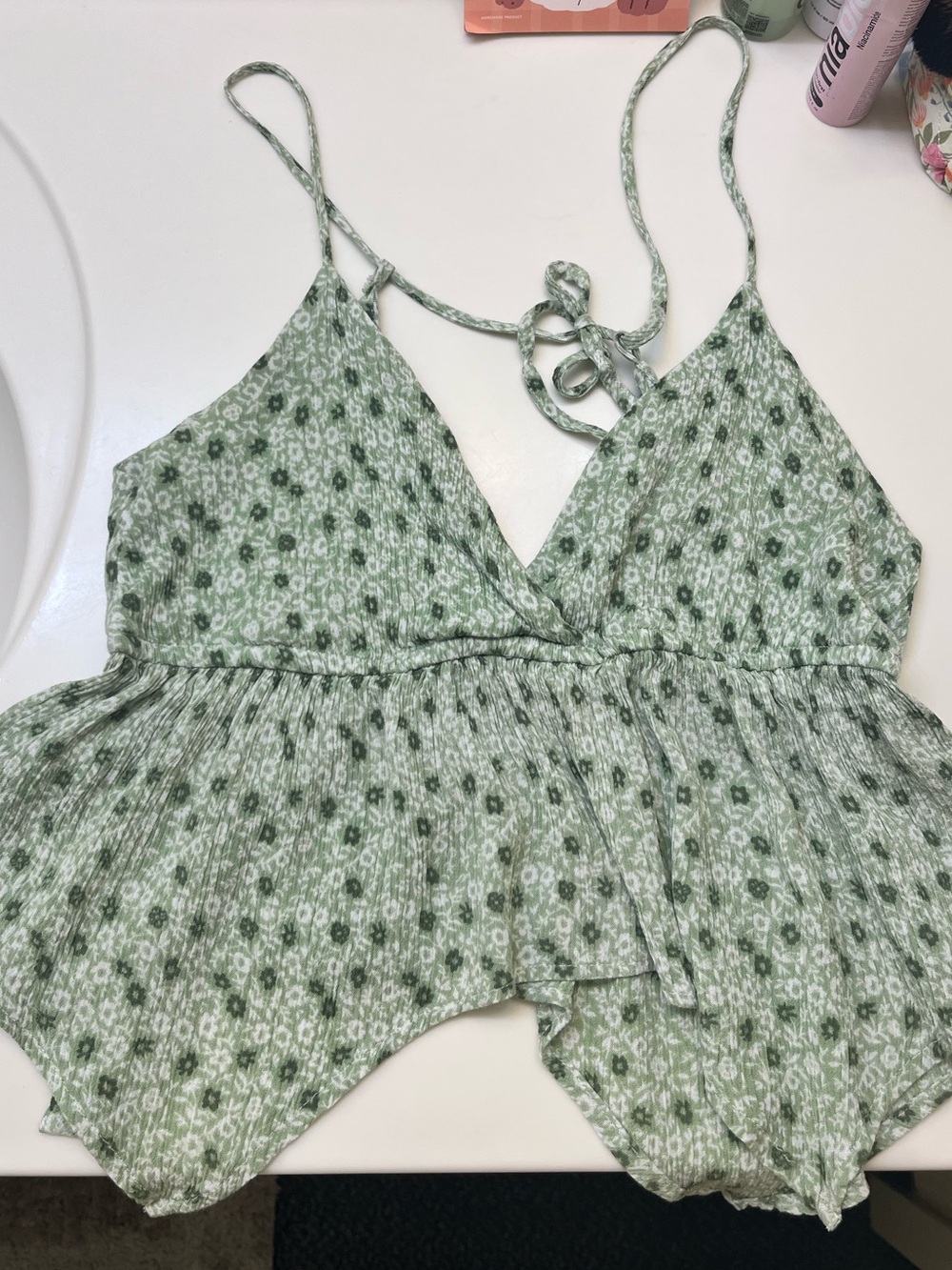 Full Tilt Smocked V-Neck Spaghetti Strap Tank Top - Sage Green Floral